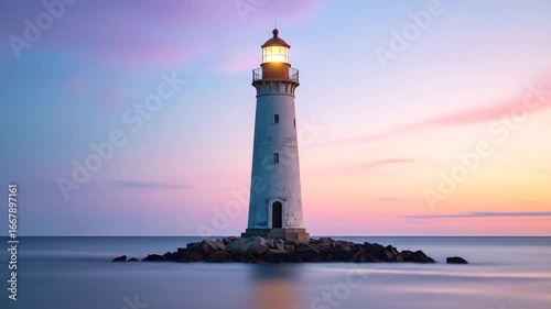Wallpaper Mural A white lighthouse on a rocky islet, bathed in pink and purple sunset hues Torontodigital.ca