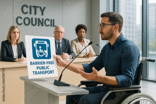Man in wheelchair advocating for barrier-free public transport during city council meeting with officials listening on light office background. Ai generative