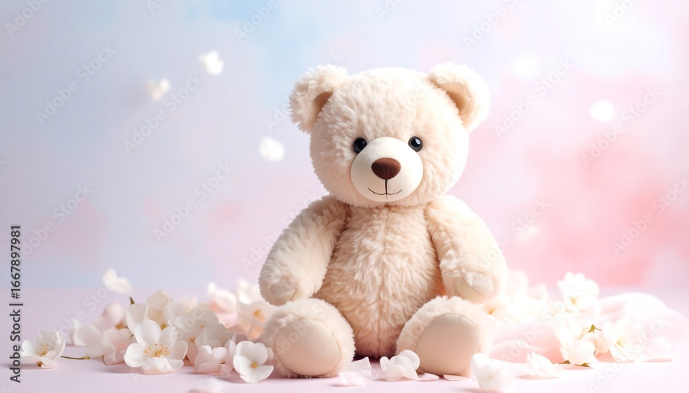 Obraz premium Teddy Bear Surrounded by White Flowers in a Dreamy Pastel Setting