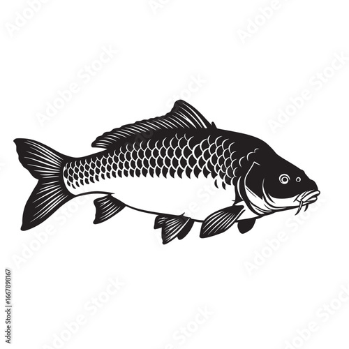 black and white silhouette vector of carp fish with white background