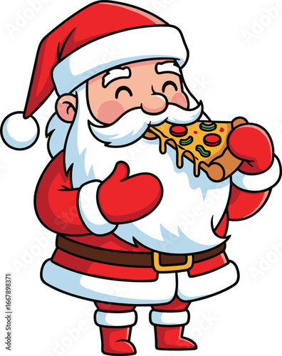 Cartoon Santa eating pizza — humorous holiday character enjoying cheesy slice with toppings, perfect for Christmas fun and lifestyle themes