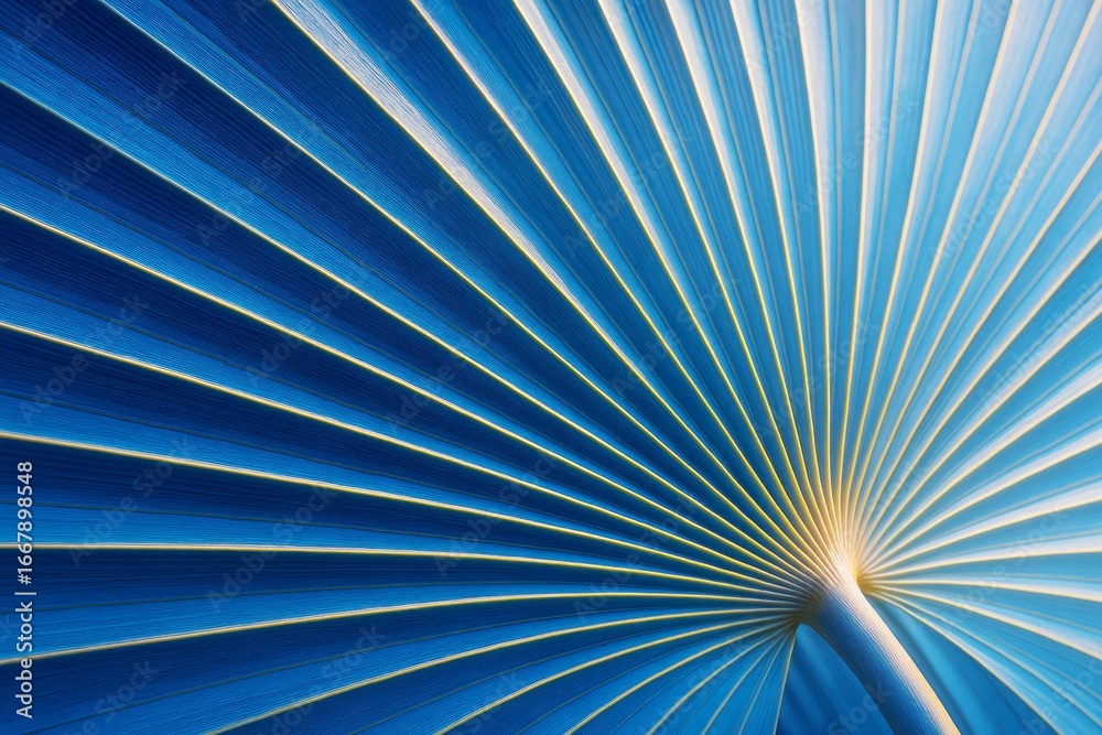 Obraz premium Abstract close-up of vibrant blue tropical palm leaf with sunlit veins forming radial pattern on natural background. Creative plant concept design.