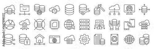Web Hosting line editable icon set. web hosting, server, cloud computing, firewall, internet, FTP, database, SSL, and more. Editable stroke. EPS 10