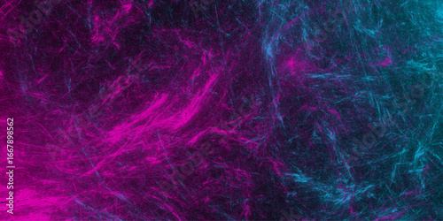 Abstract neon pink and cyan energy fiber vector background; vibrant glowing hair-like lines with dark atmospheric texture and electric light effects for futuristic posters and techno music art