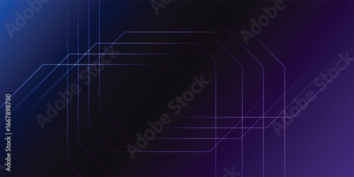 Abstract geometric design with overlapping hexagon shapes and lines on a gradient background of blue and purple.