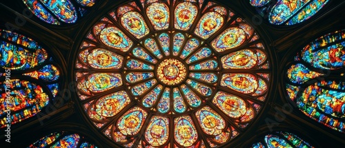 Breathtaking circular stained glass rose window in cathedral, featuring intricate patterns and vibrant colors, showcasing masterful craftsmanship and religious artistry