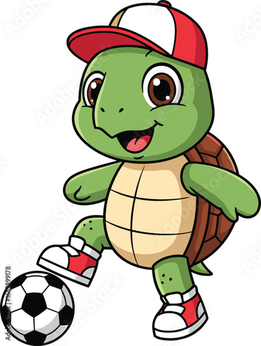 Cartoon turtle wearing red cap and playing soccer — sporty reptile character for kids, games, fitness, and educational themes