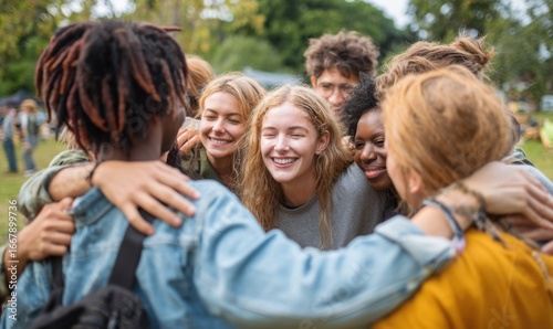 Friends gather in a joyful hug at a park during a sunny afternoon