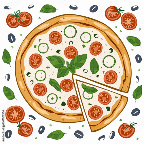 Hand drawn italian pizza set. Pizza Margherita with tomato, cheese mozzarella, basil and olives.