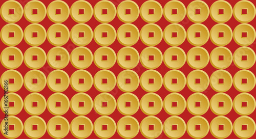 Golden Chinese coins laid out in neat geometric rows on a red velvet background. Festive vector for banner and advertising poster design for Chinese new year