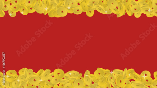 Empty red paper sheet horizontal banner with Chinese coins piled up in heap. Chinese coins folded into border lines at top and bottom. Vector banner for advertising of Asian holiday