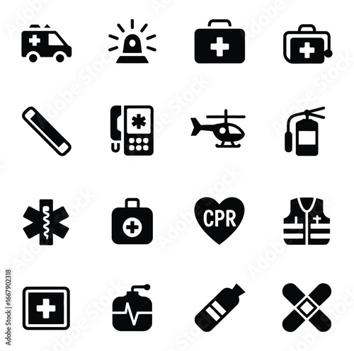 Medical emergency symbols and equipment ambulance siren