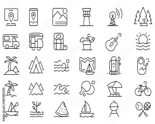 Set of outline icons related to fire protection. Linear icon collection