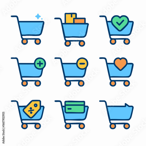 Nine shopping cart icons with various symbols inside, perfect for ecommerce websites, online shops, apps, and retailrelated designs.