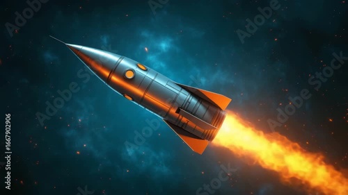 Wallpaper Mural Silver rocket flight through cosmic space with bright orange flame, surrounded by stars and futuristic metal spacecraft exploring vibrant galaxy and dynamic cosmic clouds for space exploration Torontodigital.ca