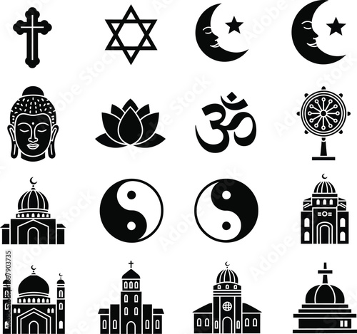 Collection of religious symbols and buildings