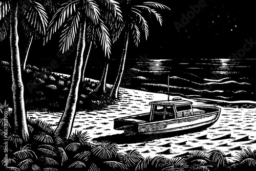 Australian surf rescue boat waiting on sandy beach, prepared for strong waves, lifeguard scene in black and white sketch.