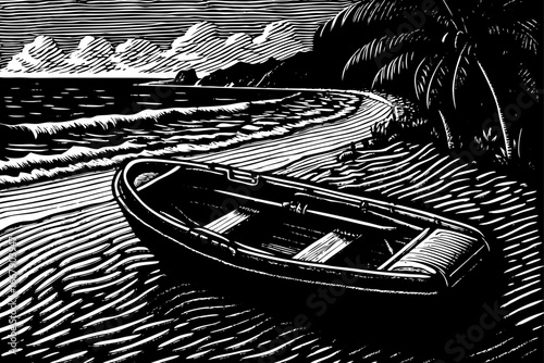 Australian surf rescue boat waiting on sandy beach, prepared for strong waves, lifeguard scene in black and white sketch.