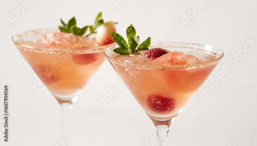 Two Elegant Drinks with Fruit and Herbs, Light Pink Hue in Clear Glass, Festive Look.