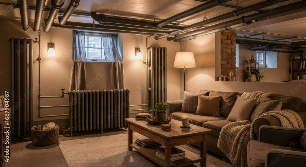 Fototapeta premium Cozy basement living room with exposed heating system pipes on the ceiling. Home interior design with radiant heating for comfort.