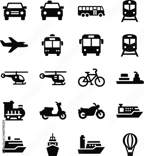 Collection of transportation icons representing various modes of travel