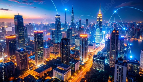 Wallpaper Mural Smart city skyline at night with digital data arcs Torontodigital.ca