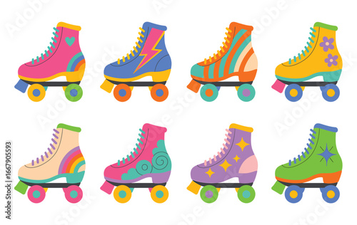 Colorful retro roller skates with various designs vintage