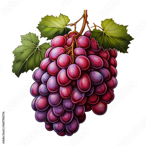 Illustration of a bunch of red ripe grapes with green leaves in png format.