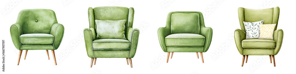 Fototapeta premium Set of Green Watercolor Armchairs Isolated on White