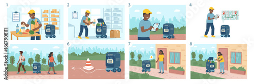 Сoncept of technology and contactless robots delivery of food. A set of sequential illustrations about the delivery of food by a delivery robot. Vector backgrounds in flat style.