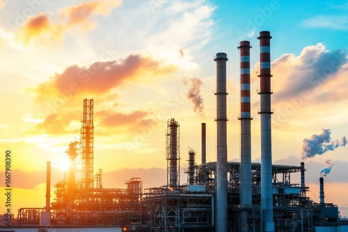 Industrial plant at sunset, silhouetted against vibrant sky