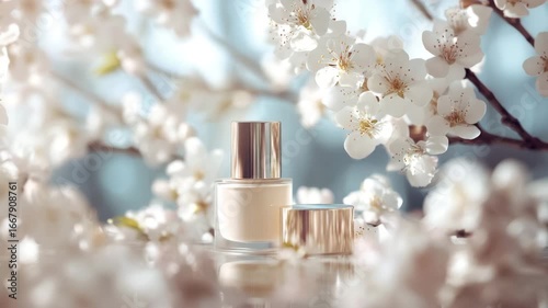 Perfume bottle golden cap cherry blossom flower white spring fragrance beauty delicate elegant natural light fresh floral glass reflection soft transparent luxury care manicure smooth bright pastel