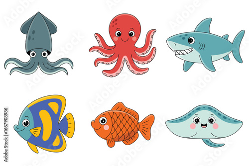 Cute cartoon sea creatures collection squid octopus