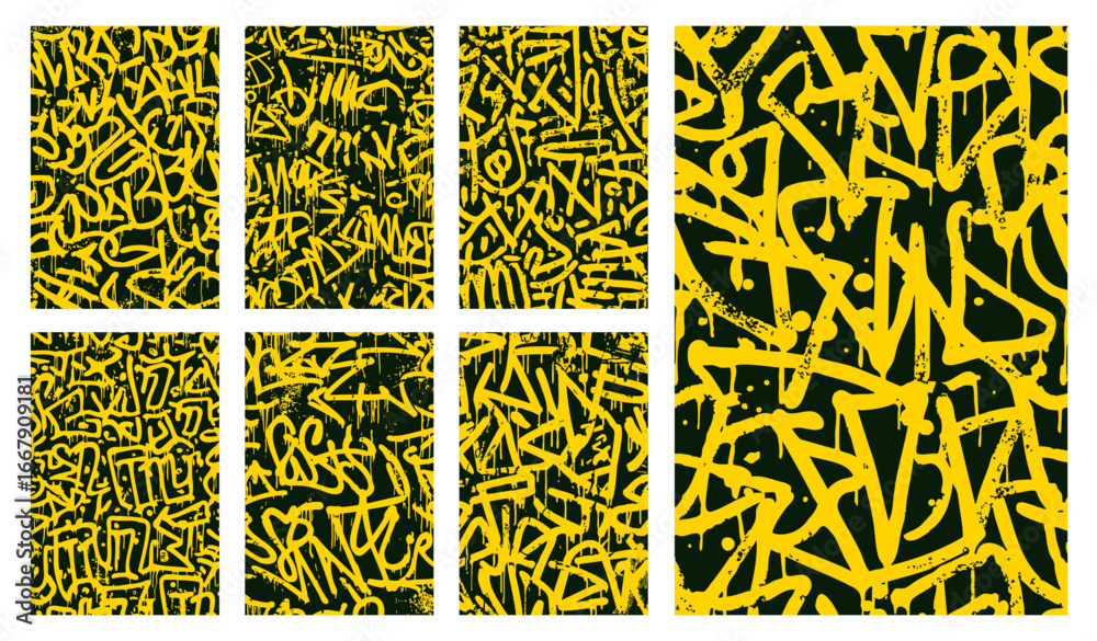Set of abstract yellow graffiti tag vectors on black background with dripping spray paint style, bold urban street art patterns for edgy modern design and wallpaper.
