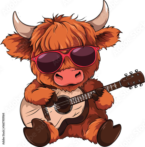 Cool Highland Cow with Guitar: A relaxed highland cow in sunglasses strums a guitar, creating a unique illustration that sparks feelings of tranquility and cool vibe. 