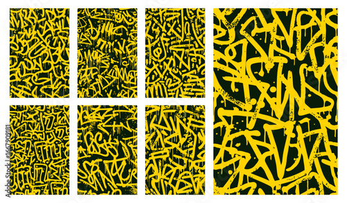 Set of abstract yellow graffiti tag vectors on black background with dripping spray paint style, bold urban street art patterns for edgy modern design and wallpaper.