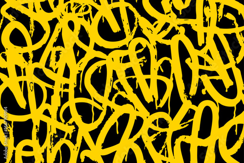 Abstract yellow graffiti tag pattern on black background with bold urban street art style vector texture for modern design and wallpaper.