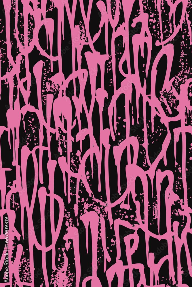 Obraz premium Bold pink spray paint graffiti tag pattern with dripping effect on black background, seamless urban street art vector wallpaper.