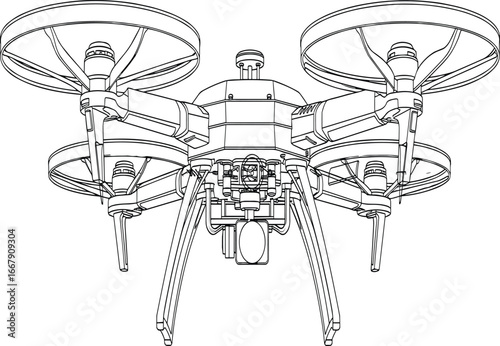 Detailed black and white line drawing of quadcopter drone with camera, propeller guards, and landing gear, perfect for engineering and educational projects