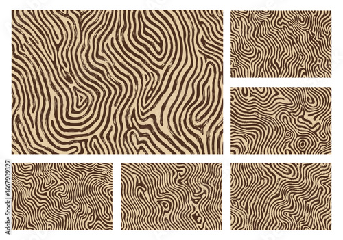 Obraz na plátně Abstract wavy line vector pattern set in beige and black, seamless organic textures inspired by woodgrain and topographic maps, ideal for backgrounds, posters, or textile design