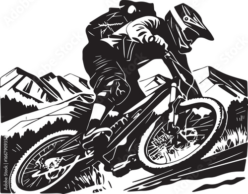 Mountain Biker's Bold Ascent: A dynamic black-and-white illustration captures a mountain biker fearlessly navigating a challenging terrain, embodying strength, skill, and the thrill of adventure. 