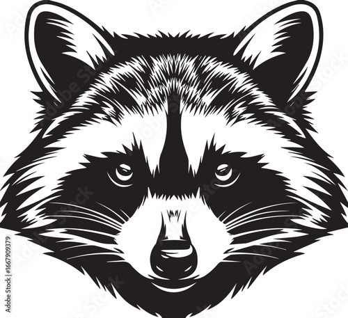 Raccoon Icon: A striking black and white illustration showcases a raccoon's alert gaze and distinctive features.