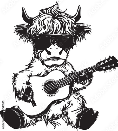 Stylish Highland Cow playing guitar: An artistic black and white illustration portrays a highland cow serenading on a guitar, embodying laid-back charm and musical passion. 