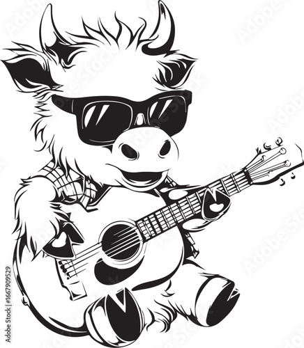 Cool Cow Playing Guitar: A cheerful cow with sunglasses serenades with a guitar, dressed in a stylish shirt, radiating musical energy and casual charm.