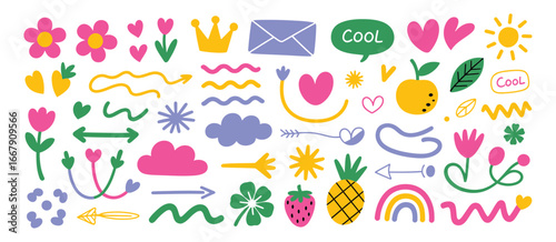 Wallpaper Mural Cute doodle illustrations of flowers hearts sun clouds fruit and rainbows Torontodigital.ca