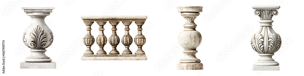 Fototapeta premium Classic Stone Baluster Set: Architectural Detail on White Background
