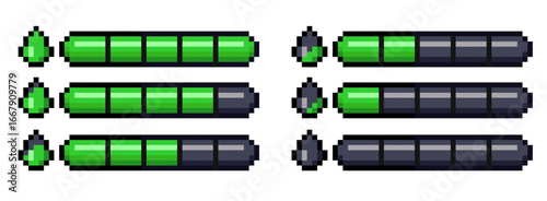 Pixel art style retro game progress bar with poison drop indicator isolated on transparent background. Collection of 8-bit retro health UI for video game assets. Vector illustration.