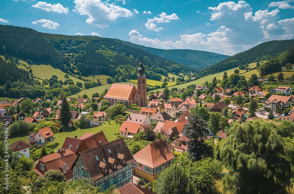 Fototapeta premium Panoramic view of a European village nestled in a valley, with church steeple, red-roofed houses, and lush green hills