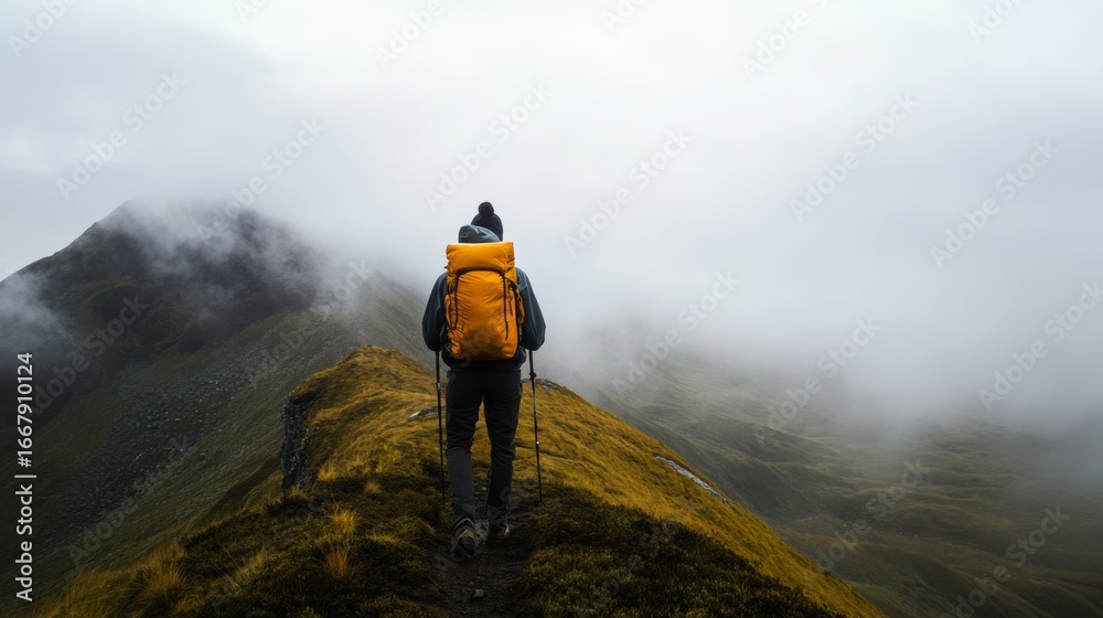 Obraz premium Solo hiker ascends foggy mountain trail nature adventure remote wilderness inspiring journey wide-angle viewpoint