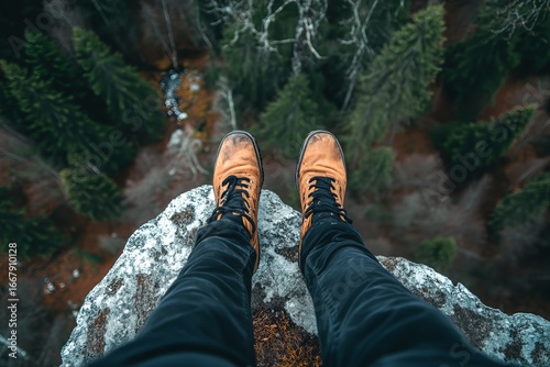 Person's feet on a cliff edge, looking down at forest